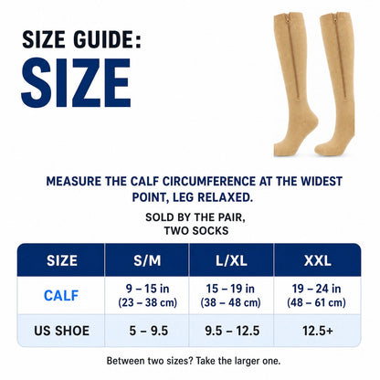 EN: Size guide by calf circumference: S/M 9-15 in, L/XL 15-19 in, XXL 19-24 in